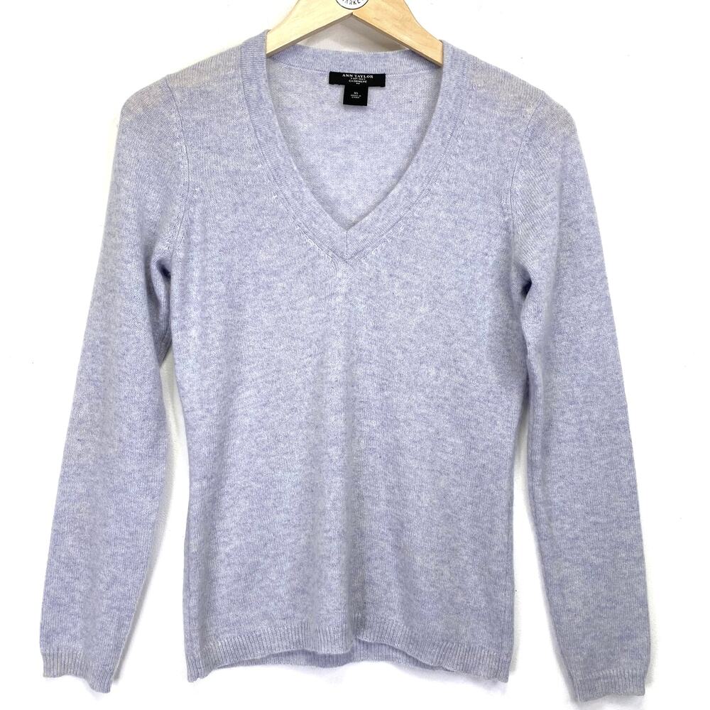 Ann Taylor Cashmere Sweater Womens XS Blue White Classic V-Neck Preppy Layering